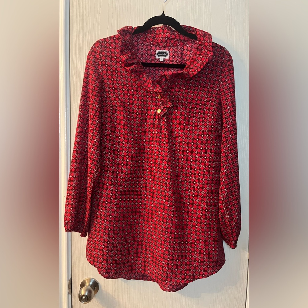 🛍️Mud Pie Small Red Ruffled Buttoned Blouse - Picture 2 of 3